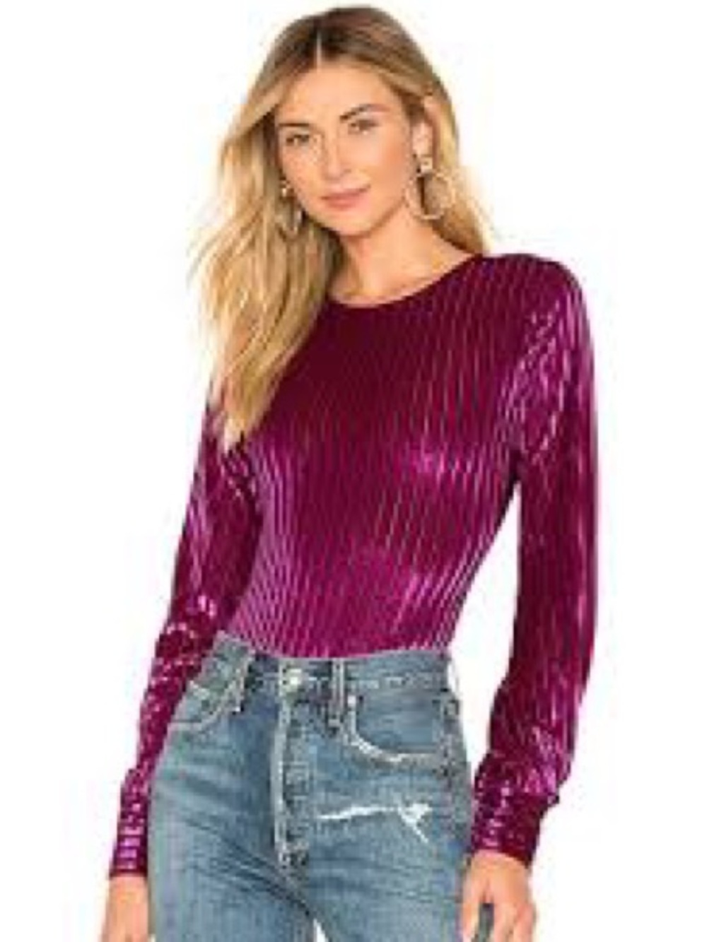 House of Harlow 1960 Metallic Magenta Striped Long-Sleeve Bodysuit